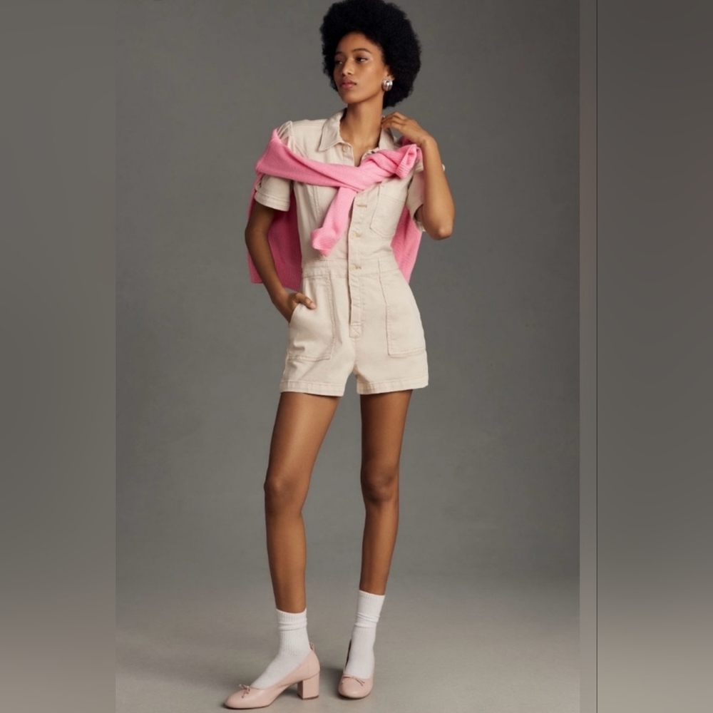 Anthropologie Pilcro "Kit" Denim Utility Romper | Size 10 | Puff Sleeve, Pockets